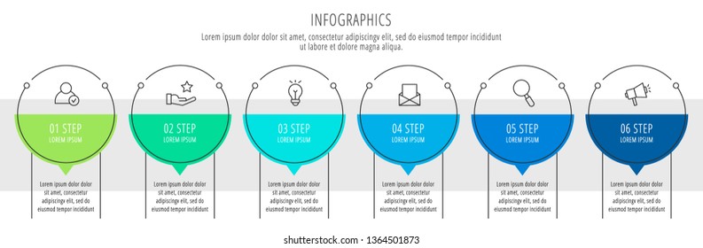 Modern vector flat illustration. Infographic circles template with six elements, shapes, icons. Timeline designed for business, presentations, web design, interface, education, diagrams with 6 steps