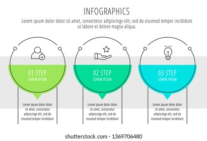 Modern vector flat illustration. Infographic circles template with three elements, shapes, icons. Timeline designed for business, presentations, web design, interface, education, diagrams with 3 steps