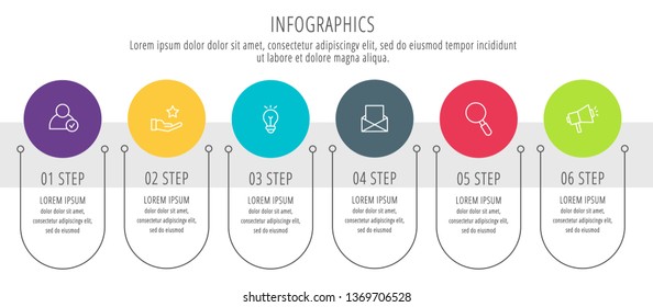 Modern vector flat illustration. Infographic circles template with six elements, shapes, icons. Timeline designed for business, presentations, web design, interface, education, diagrams with 6 steps