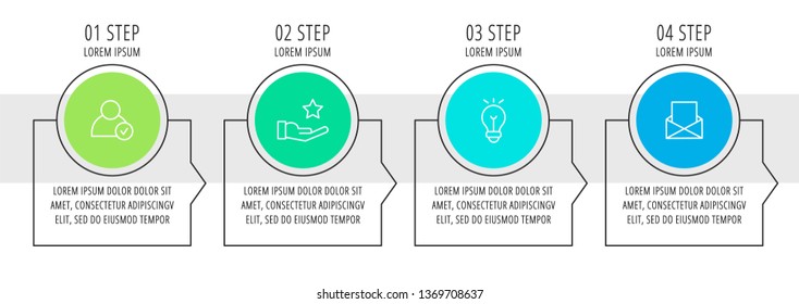 Modern vector flat illustration. Infographic circles template with four elements, shapes, icons, arrows. Timeline designed for presentations, web design, interface, education, diagrams with 4 steps