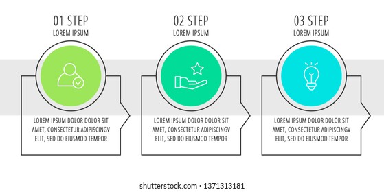 Modern vector flat illustration. Infographic circles template with three elements, shapes, icons, arrows. Timeline designed for presentations, web design, interface, education, diagrams with 3 steps