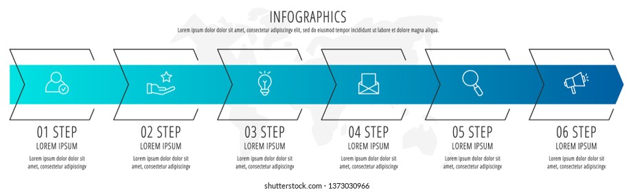 Modern vector flat illustration. Infographic arrows template with six elements, shapes, icons. Timeline designed for business, presentations, web design, interface, education, diagrams with 6 steps