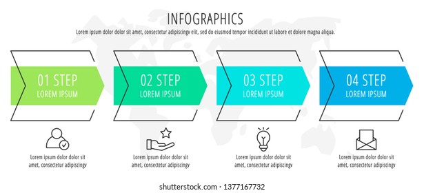 Modern vector flat illustration. Infographic arrows template with four elements, shapes, icons. Timeline designed for business, presentations, web design, interface, education, diagrams with 4 steps