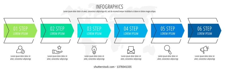 Modern vector flat illustration. Infographic arrows template with six elements, shapes, icons. Timeline designed for business, presentations, web design, interface, education, diagrams with 6 steps