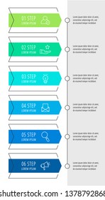 Modern vector flat illustration. Infographic arrows template with six elements, shapes, icons. Timeline designed for business, presentations, web design, interface, education, diagrams with 6 steps