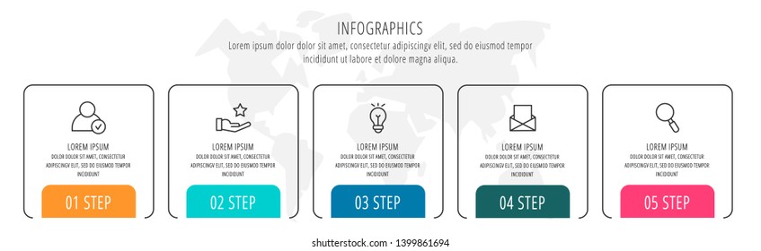 Modern vector flat illustration. Infographic arrows template with five elements, shapes, icons. Timeline designed for business, presentations, web design, interface, education, diagrams with 5 steps
