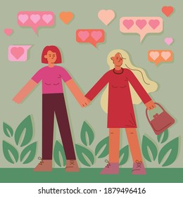 Modern vector flat illustration of a lesbian couple in love. Two women holding hands. valentine's day greeting card.