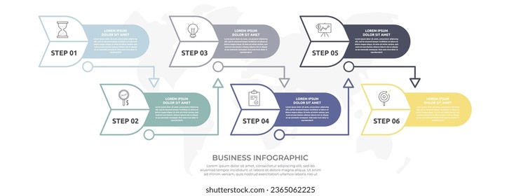 Modern vector flat illustration. Line infographic arrows template with six elements, arrows, icons. Timeline designed for business, presentations, web design, interface, education with 6 steps