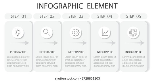 Ilustración plana de Vector moderno. Plantilla de números de infografía de línea con cinco Elementos e íconos. Concepto de modelo de negocio de flecha con 6 pasos sucesivos. Ilustración vectorial. 