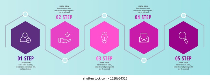 Modern vector flat illustration timeline. Infographic template with five hexagon elements. Designed for business, presentations, web design, diagrams with 5 steps for workflow layout, annual report.