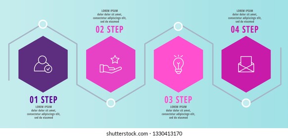Modern vector flat illustration timeline. Infographic template with four hexagon elements. Designed for business, presentations, web design, diagrams with 4 steps for workflow layout, annual report.