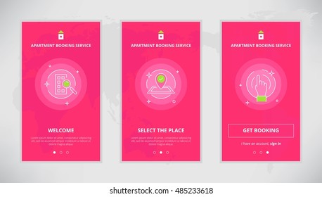 Modern vector flat line mobile app design set of an apartment booking services. Onboarding screens for an apartment booking online
