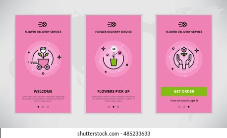 Modern Vector Flat Line Mobile App Design Set Of Flower Delivery Services. Onboarding Screens For Flower Delivery Service Online