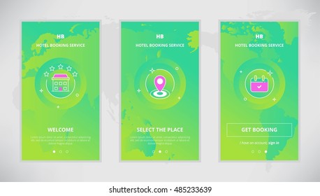 Modern vector flat line mobile app design set of hotel booking services. Onboarding screens for hotel booking service online