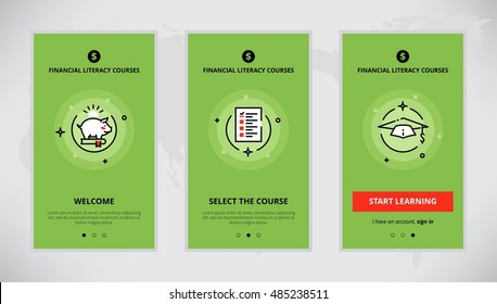 Modern Vector Flat Line Mobile App Design Set Of Financial Literacy Courses. Onboarding Screens For Financial Literacy Course Online