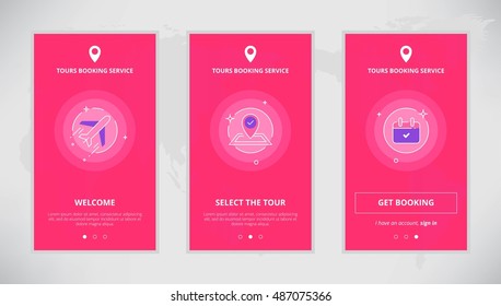 Modern vector flat line mobile app design set of tours booking services. Onboarding screens for online tours booking service
