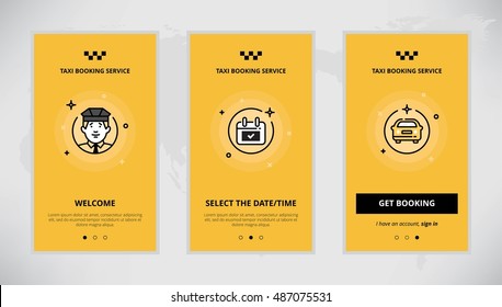 Modern vector flat line mobile app design set of taxi booking. Onboarding screens for online taxi booking