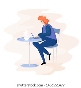 Modern vector flat style illustration of a woman sitting at a desk and working online on a laptop with a cup of coffee. Freelance worker illustration concept.