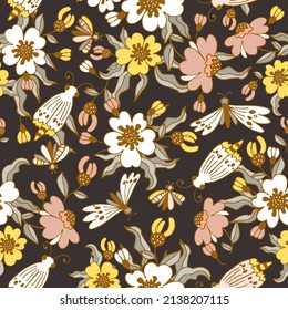 Modern vector floral pattern, large flowers and butterflies. Seamless pattern. Modern design for paper, cover, fabric, decor, print. Dark brown tones: yellow flowers, gray beige, brown, pink.