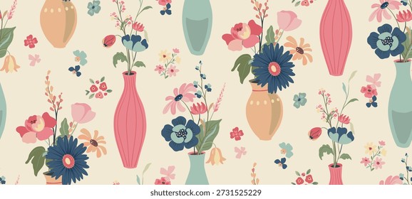 Modern vector floral seamless pattern. A colorful endless pattern of flowers and plants, bouquets in vases. Romantic summer design.