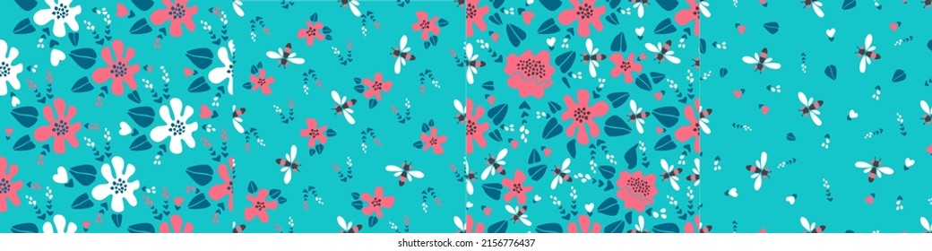 Modern vector floral set of four patterns. Large flowers and small flowers in caral-white tones, dragonflies, bees on a turquoise background. Seamless pattern in minimalist style for paper, textile