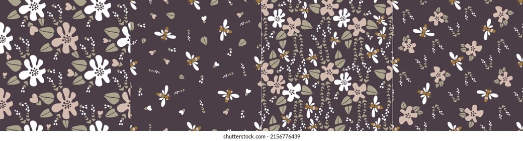 Moderne Vektorgrafik mit vier Mustern. Große Blumen und kleine Blumen auf rosafarbenem und weißem Hintergrund, Libellen, Bienen auf braunem Hintergrund. Nahtlose Muster im minimalistischen Stil für Papier, Textilien