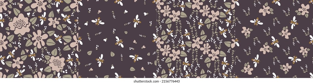 Modern vector floral set of four patterns. Large flowers and small flowers in pink and white, dragonflies, bees on a brown background. Seamless pattern in a minimalist style for paper, textile