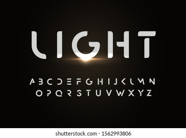 Modern Vector Font Design In Simple Style. Minimal Futuristic Typeset. Monochrome Typeface With Light Effect. Contemporary Trendy Monocolor Alphabet. White Minimalistic Uppercase Letters Set