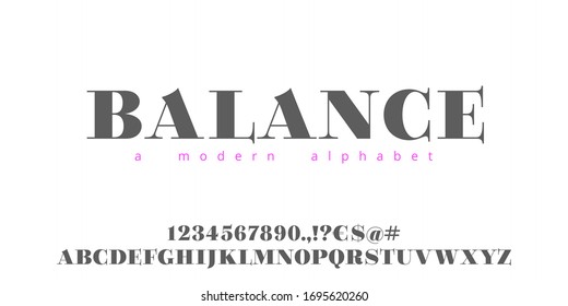 Modern vector font, set of letters, English alphabet. Grotesk style, uppercase letters, numbers and punctuation. Template for banner, poster, greeting card, postcard, t-shirts, print or web design