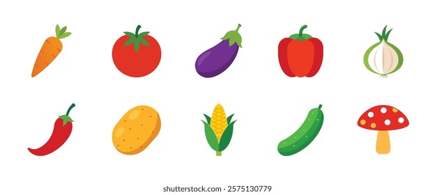 Modern vector food icon collection featuring colorful vegetables and a mushroom in flat design style. Set includes carrot, tomato, eggplant, bell pepper, onion, chili, potato, corn, cucumber Etc.