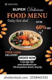 A modern vector food menu design showcasing a seafood platter with bold typography, a 60% discount, free home delivery, and a call to action is ideal for promoting restaurants or delivery services.