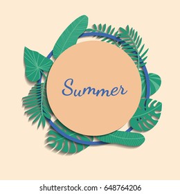 a modern vector frame with hand drawn tropical leaves and balls in trendy paper cut style and phrase hello summer; an exotic background