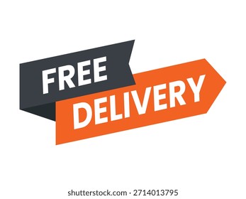 Insignia de entrega gratuita de Vector moderno con una cinta oscura y una flecha direccional naranja brillante, aislada sobre fondo blanco para marketing de comercio electrónico y promociones de ventas.