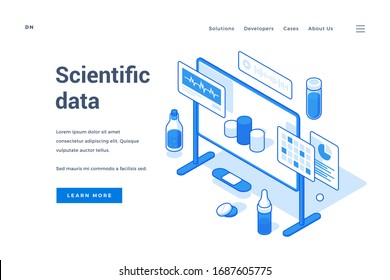 Página web de vanguardia vectorial moderna con elementos de equipos de tablero y laboratorio que presentan información para aprender sobre datos científicos contemporáneos. Banner web isométrico, plantilla de página de inicio
