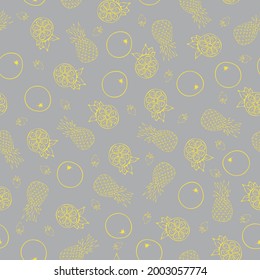 Modern vector fruits seamless pattern, pineapple orange berry on gray background