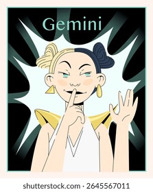 Modern vector of Gemini zodiac sign as a curious and expressive woman with contrasting elements. Use for astrological content, posters, or magic cards.