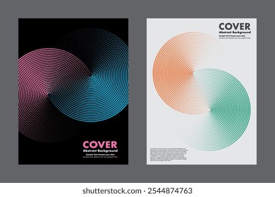 Modern vector geometric abstract background featuring an infinity symbol design and halftone dot pattern combining two colors together on dark and clean background. For cover, digital artwork.