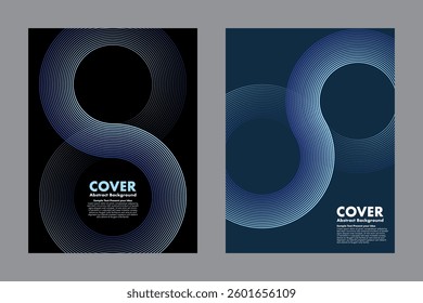 Modern vector geometric abstract background featuring an infinity symbol design and halftone lines pattern on gradient blue shades fading to dark background. For cover, digital artwork, posters.