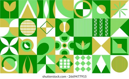 Modern vector geometric abstract background in green and gold tones. Collage of squares with various shapes: circles, leaves, lines, diamonds and minimalistic symbols of nature. Bright and stylish eco