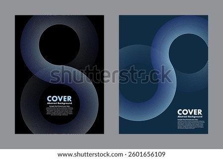 Modern vector geometric abstract background featuring an infinity symbol design and halftone lines pattern on gradient blue shades fading to dark background. For cover, digital artwork, posters.