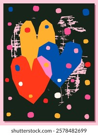 Modern vector geometric greeting card with heart shapes in red, yellow and blue, poster with hearts and dots
