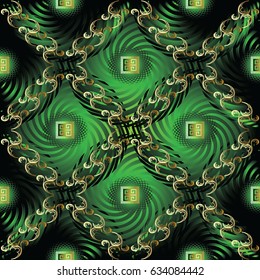 Modern vector geometric seamless pattern. Green background wallpaper illustration with gold 3d  rhombus, circles, squares, frame, greek key and abstract elegant ornaments.