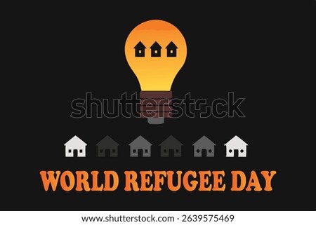 Modern vector of a glowing lightbulb filled with tiny houses above a dark land, symbolizing bright solutions for refugees. 