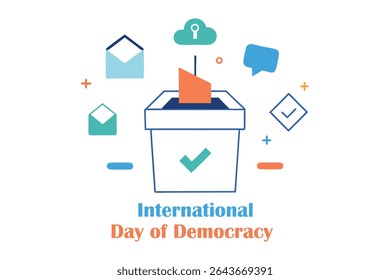 Modern vector of a glowing vote slip entering a minimalist ballot box, surrounded by icons of freedom, rights, and unity. Includes "International Day of Democracy" text on white background.