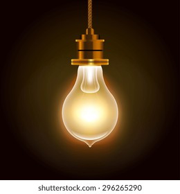 Modern Vector glowing yellow light bulb as inspiration concept, eps 10 Realistic lit light bulb isolated on black. Vector 3d Illustration