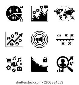 Modern vector glyph icons for business, marketing, and data analytics. Concepts include demographics, market growth, global reach, promotion, project timeline, diverse services, data security, and use