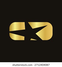 Modernes goldenes Vektorsternemblem in einem abgerundeten Rechteck. Das Logo ist mit einem Farbverlauf aus Metall und Gold auf schwarzem Hintergrund versehen. Perfekt für Branding, Luxus-Design und Logo.