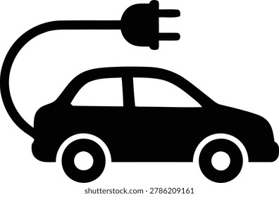 Modern vector graphic design featuring a stylized electric vehicle connected to its charging cable, representing eco-friendly sustainable transportation solutions for the future.