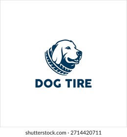 Moderno emblema gráfico vetorial de uma cabeça canina com um design de pneu abstrato formando seu colar para o equipamento íntimo automotivo