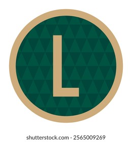 A modern vector graphic featuring a golden L letter encircled by a stylish frame on a green triangle-patterned background. Perfect for logos, stationery, or sophisticated designs.